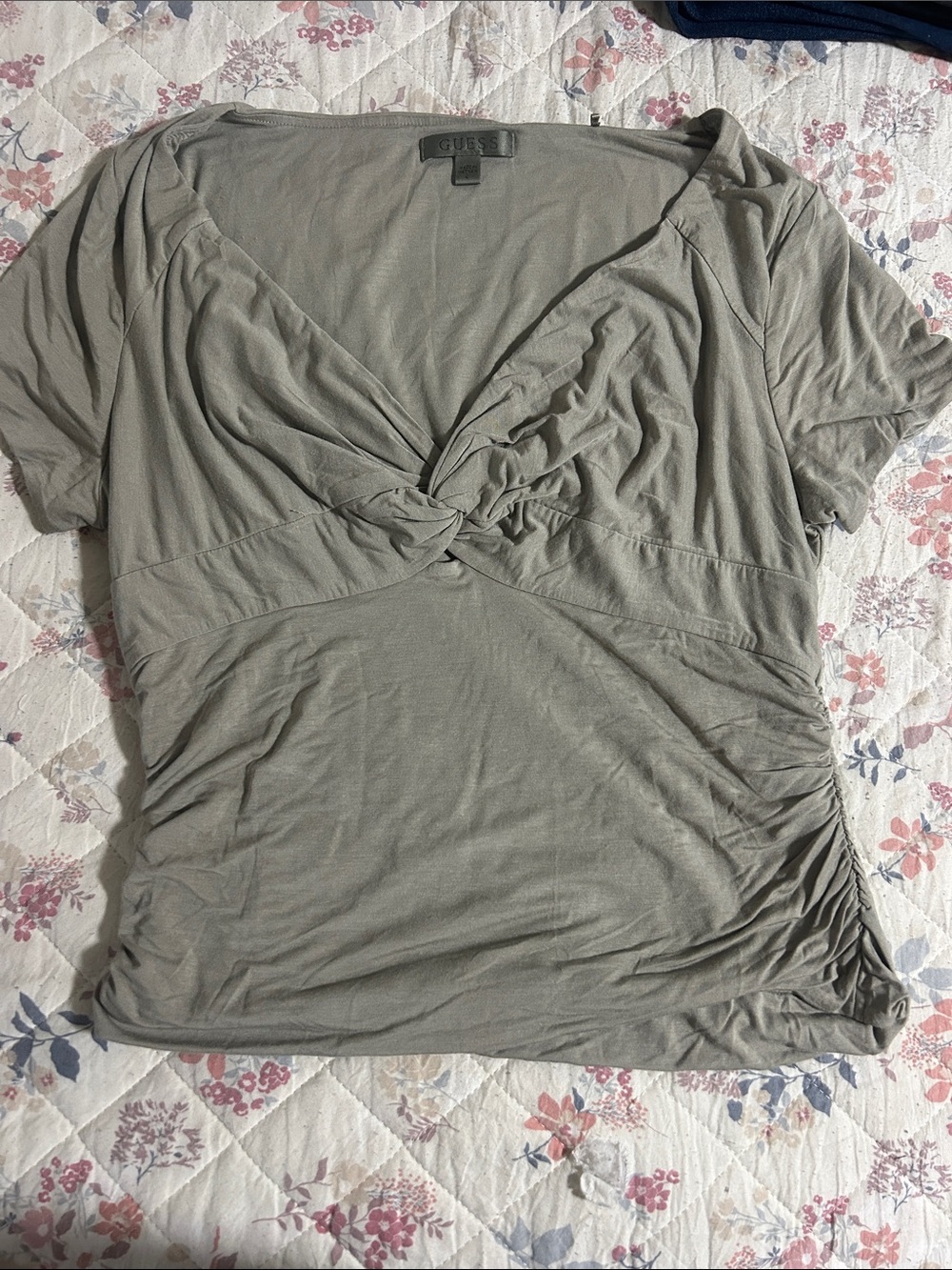 Guess Short Sleeve Twist-Front Top in Olive